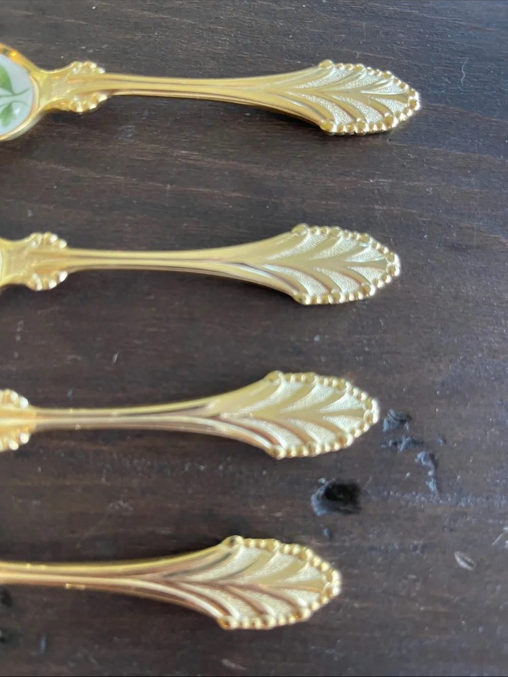 Vintage Linden Gold-Plated Floral Enamel Inlay Set of Six Small Demitasse Spoons